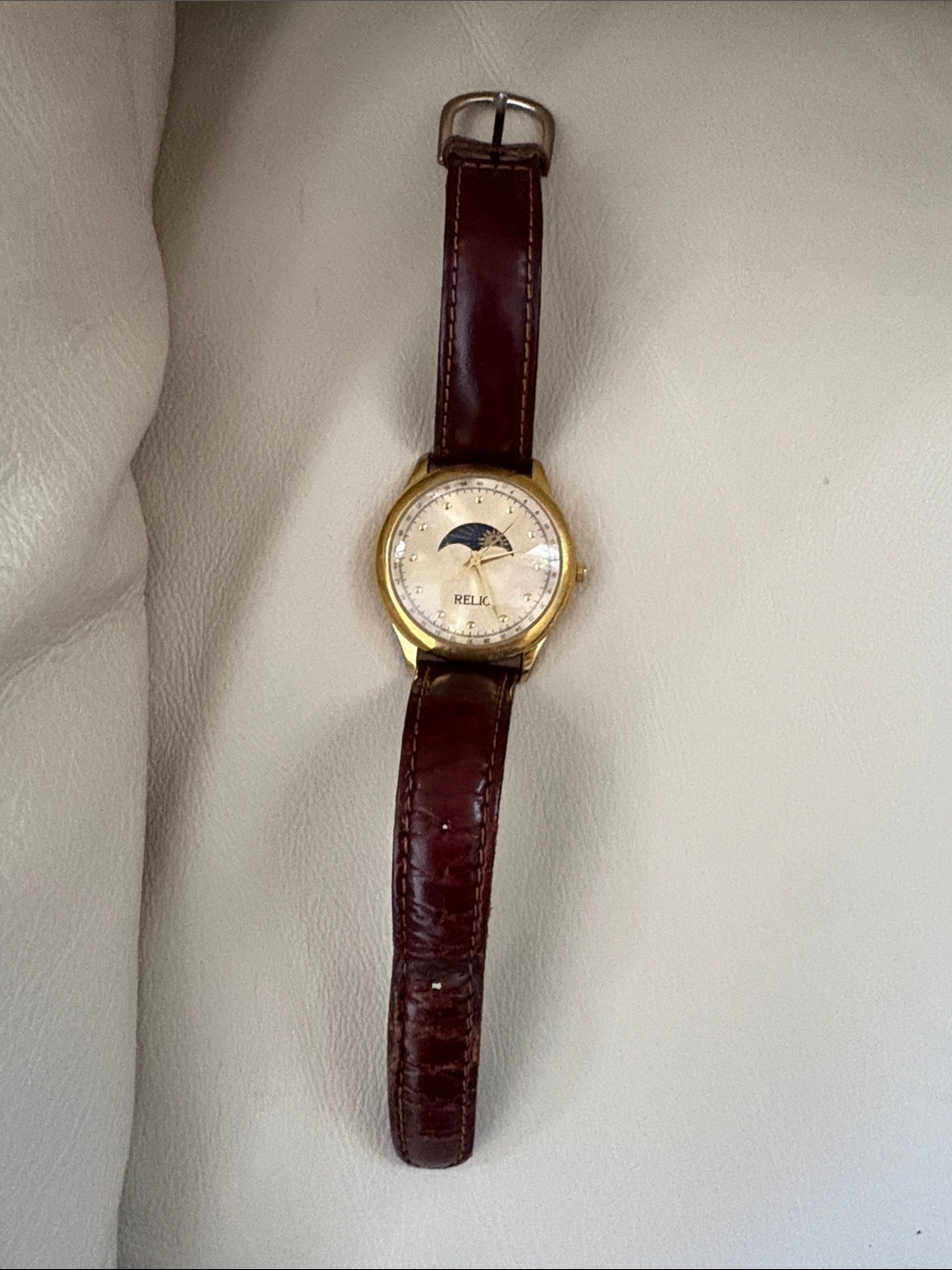 Relic Men's Gold-Tone Case Watch with Dark Brown Leather Strap and Moonphase
